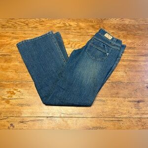 Y2K Dark Wash Flare Stretch Jeans w/  Thigh Distressing size 7/8